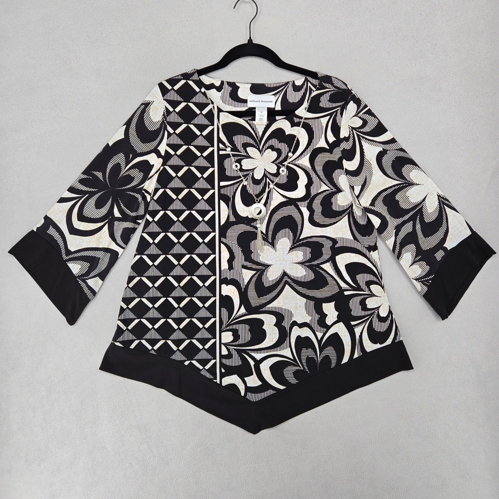 Alfred Dunner Womens Medium Top Floral Geometric Sharkbite Mod Black White